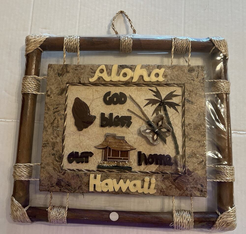 NWT Aloha Hawaii “God Bless Our Home” Bamboo Handmade Rattan Wall Sign Vintage